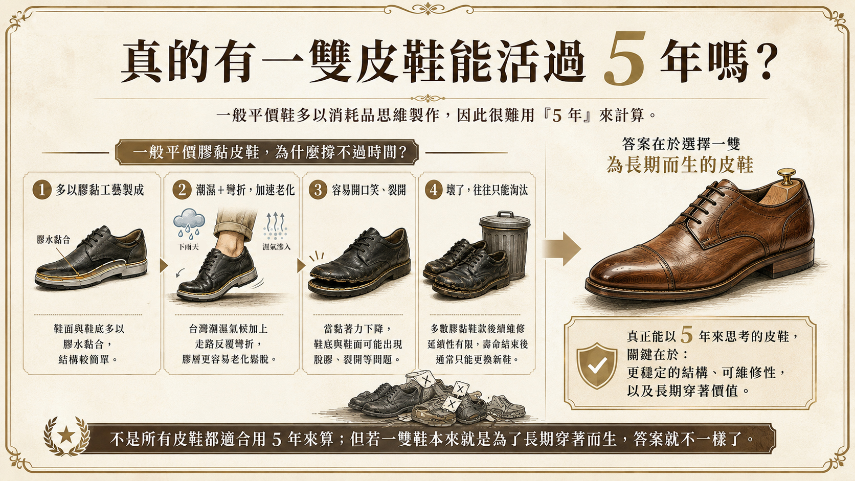 Prémi Homme 皮鞋壽命圖解：解析平價膠黏鞋脫膠開口笑的缺點，對比具備可維修換底、能穿 5 年以上的高階手工皮鞋