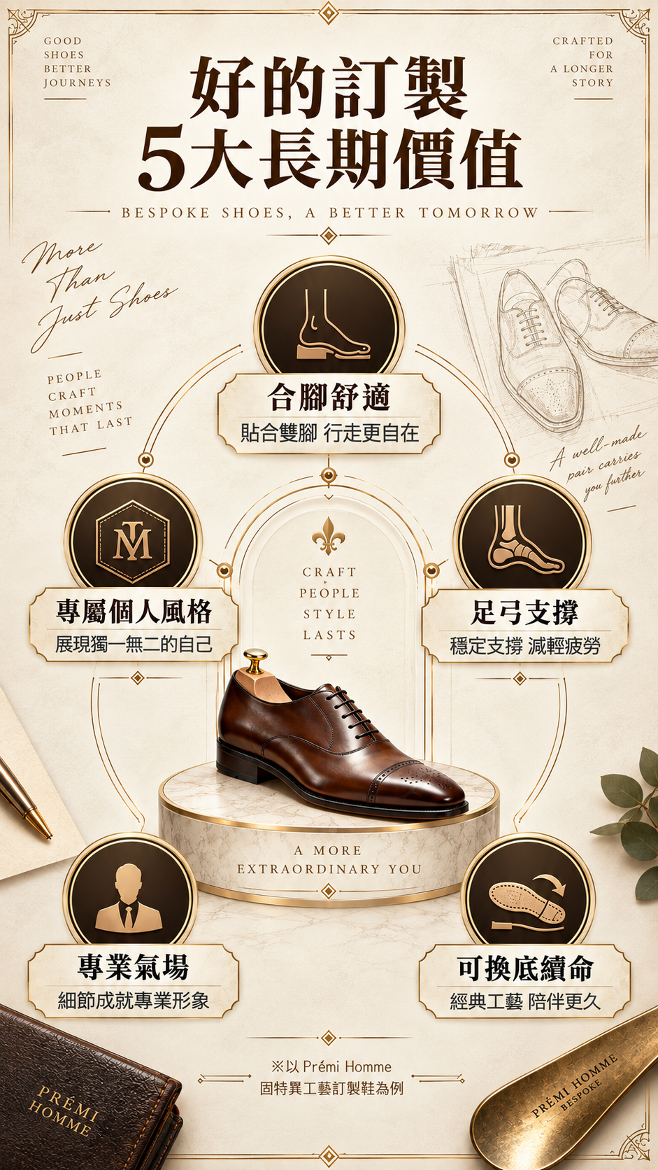 Prémi Homme手工訂製皮鞋 5 大核心優勢：無須磨合、足弓支撐、換底續命與職場氣場圖解