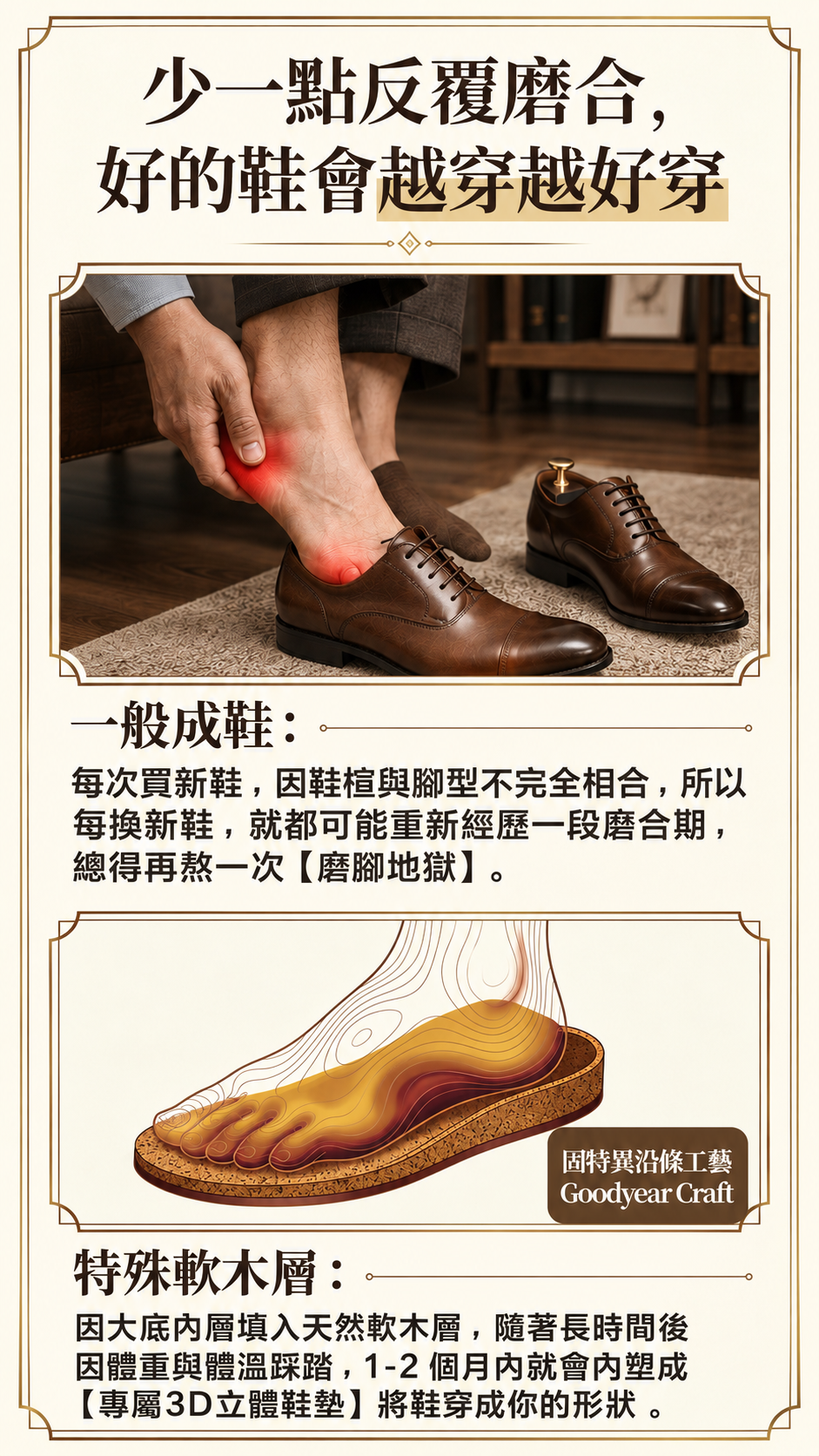 固特異皮鞋軟木層磨合原理：隨穿著貼合個人足底輪廓，越穿越舒適