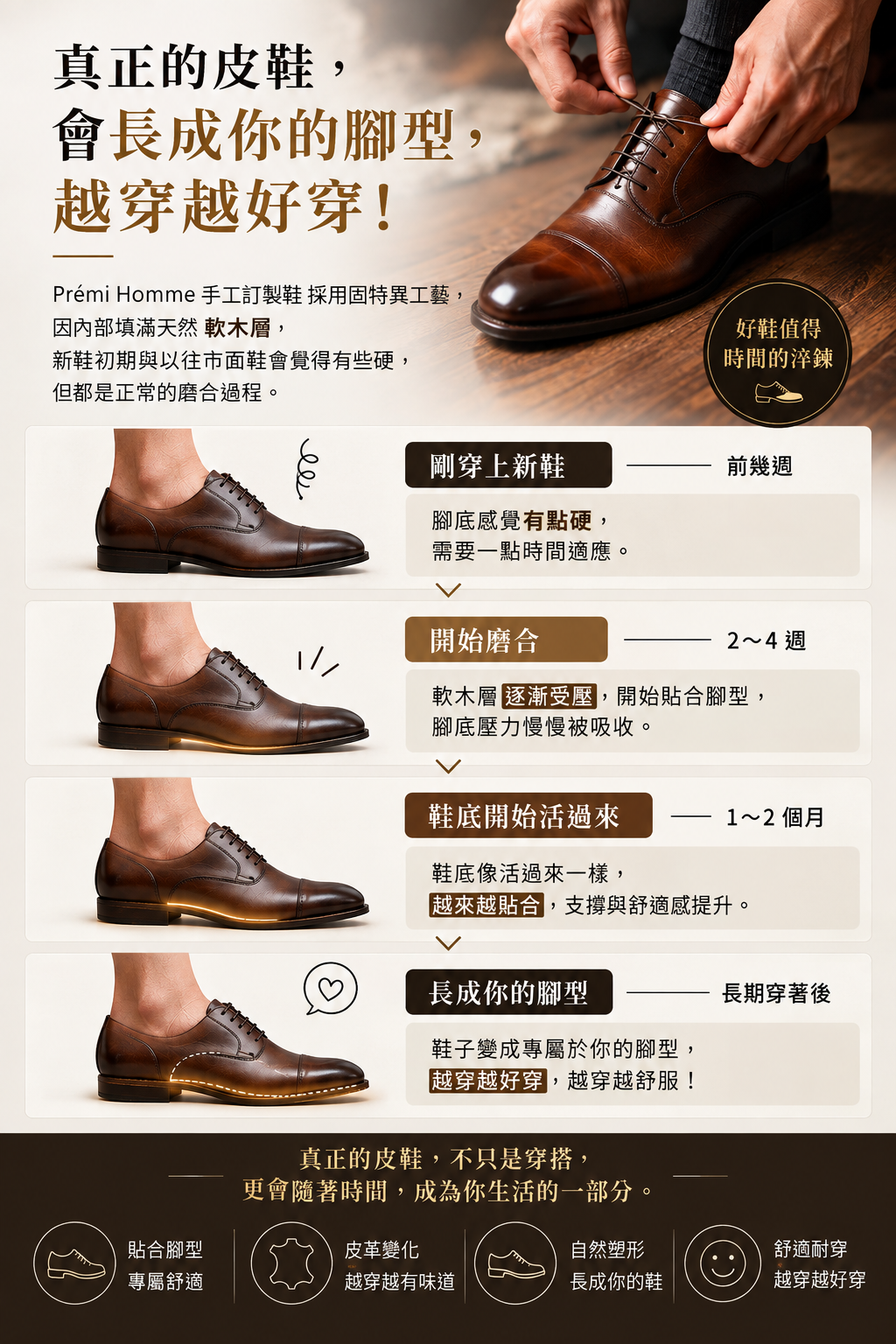 Prémi Homme 固特異皮鞋磨合歷程：軟木層經穿著逐漸塑形，完美貼合足底輪廓