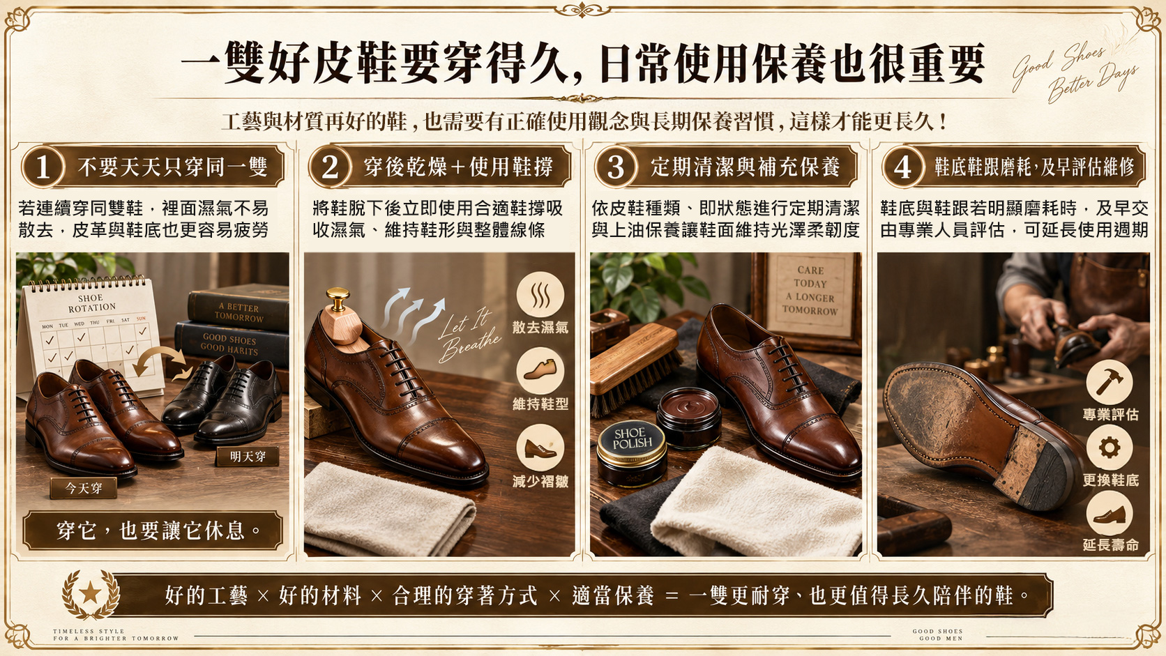 皮鞋日常保養指南：解析兩雙輪替穿著、原木鞋撐除濕定型、定期上油滋養與及早換底維修四大技巧