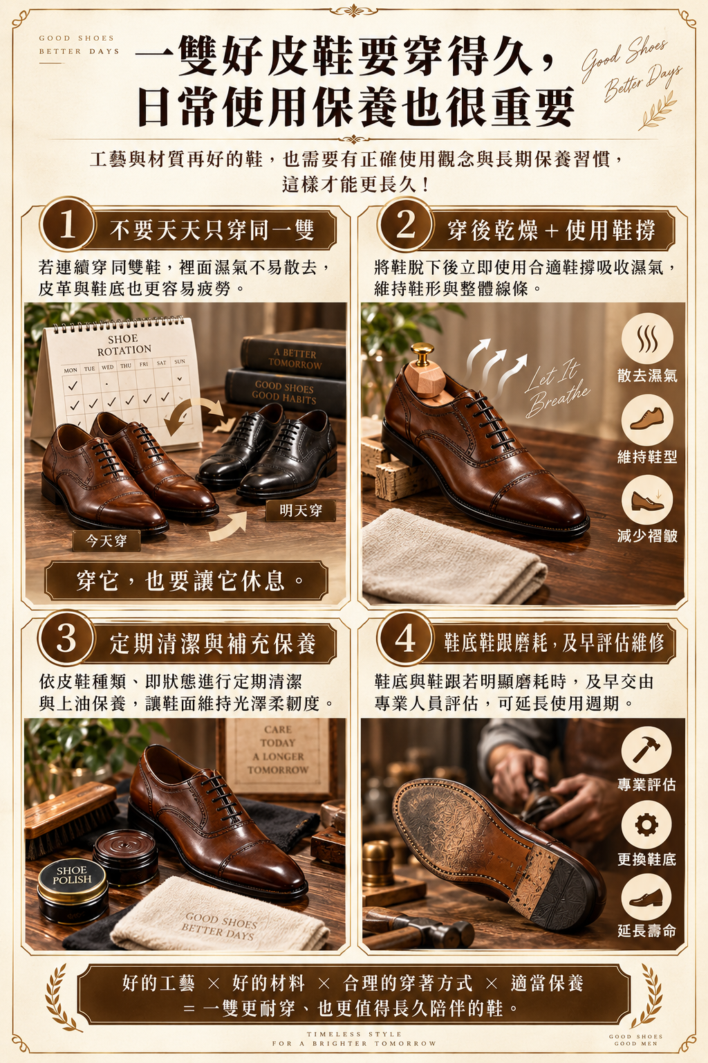 皮鞋保養四大重點：輪替穿著、使用鞋撐、定期上油滋潤與鞋底維修